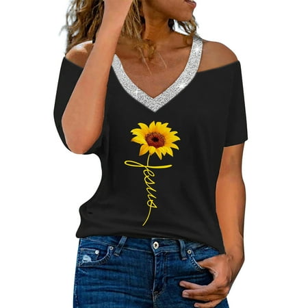 

Ladies Loose Casual V Neck Short Sleeve Off Shoulder Sunflower Print Women T Shirt Tops for Leggings Short Sleeve Shirts with Long Sleeves for Women Short Sleeve Scrub Jackets Long Sleeve Compression