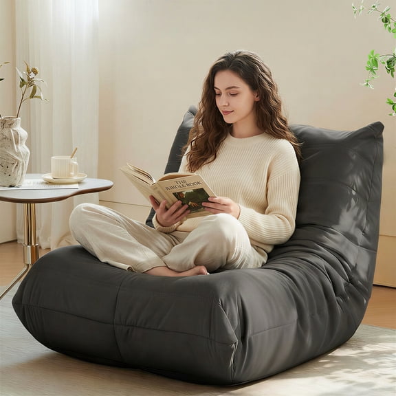 Peispie Modern Floor Bean Bag Chair, Soft Accent Chair with Foam Fill, Armless Reading Lounge Sofa with Button Details for Living Room Bedroom, Grey