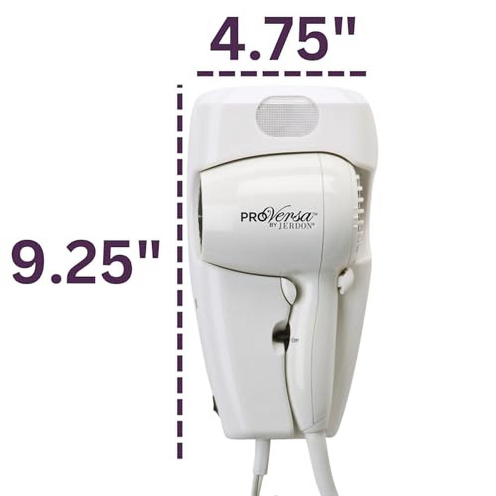 Jerdon 1600W Wall Mount Hair Dryer, 2 Speeds, 2 Heat Settings, LED Night Light, White, Direct Wire -Model JWM8CD