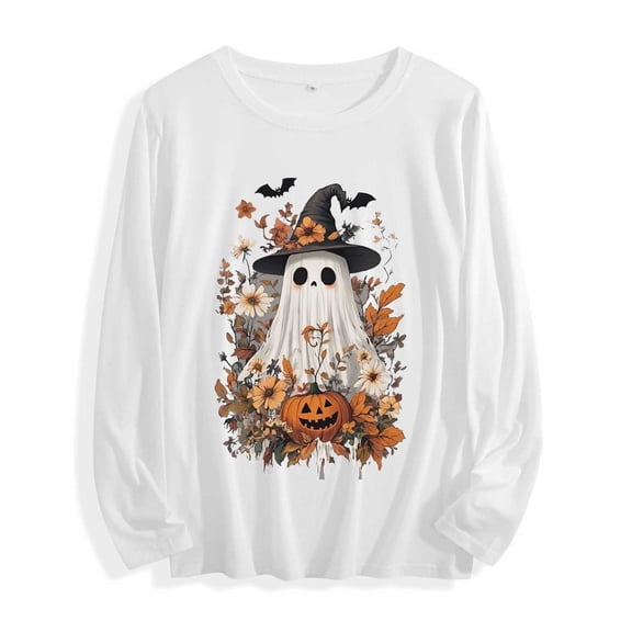 Xdegoge Women's Fall Graphic Tees Vintage Floral Ghost Witch Hat Pumpkin Print Long Sleeve Shirts Casual Crewneck Halloween Tops Holiday Pullovers Everyday Wear
