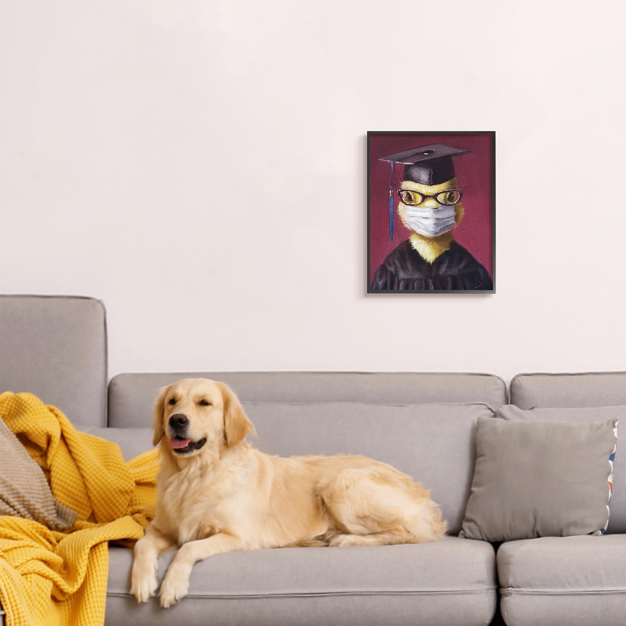 Stupell Industries Duckling Bird Graduate Face Mask over Red Animals & Insects Painting Black Framed Art Print Wall Art, 16 x 20