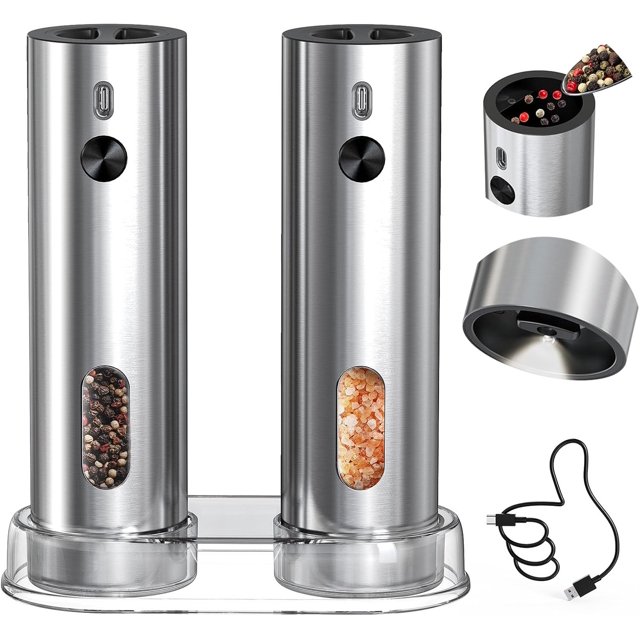 TEMOGU-Rechargeable Electric Salt and Pepper Grinder Set with Base, Automatic Stainless Steel Pepper Grinders with 110ML Container, Adjustable Coarseness and White LED Light, Silver