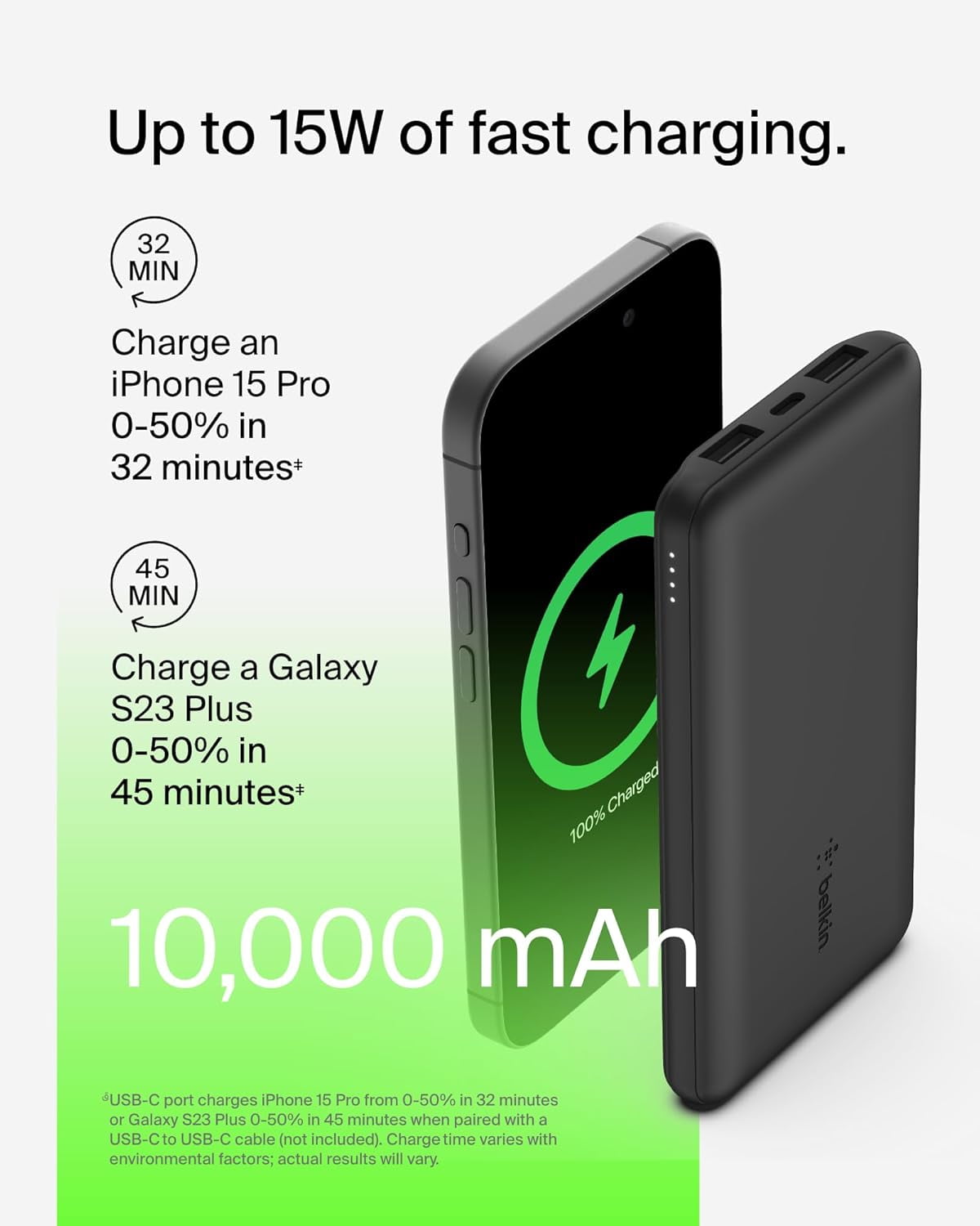 Belkin BoostCharge Power Bank 10K, 10000 mah Portable Power Bank with USB-a to USB-C cable, BPB011btBK-RF, 1 Pack