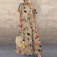 thumbnail image 2 of Vestido largo con cuello redondo para mujer, ropa elegante con estampado de flores botánicas, estilo rústico informal, manga corta, dobladillo grande, Verano, 2 of 4