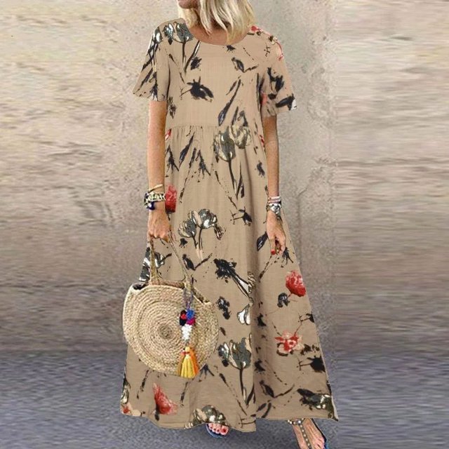 Vestido largo con cuello redondo para mujer, ropa elegante con estampado de flores botánicas, estilo rústico informal, manga corta, dobladillo grande, Verano