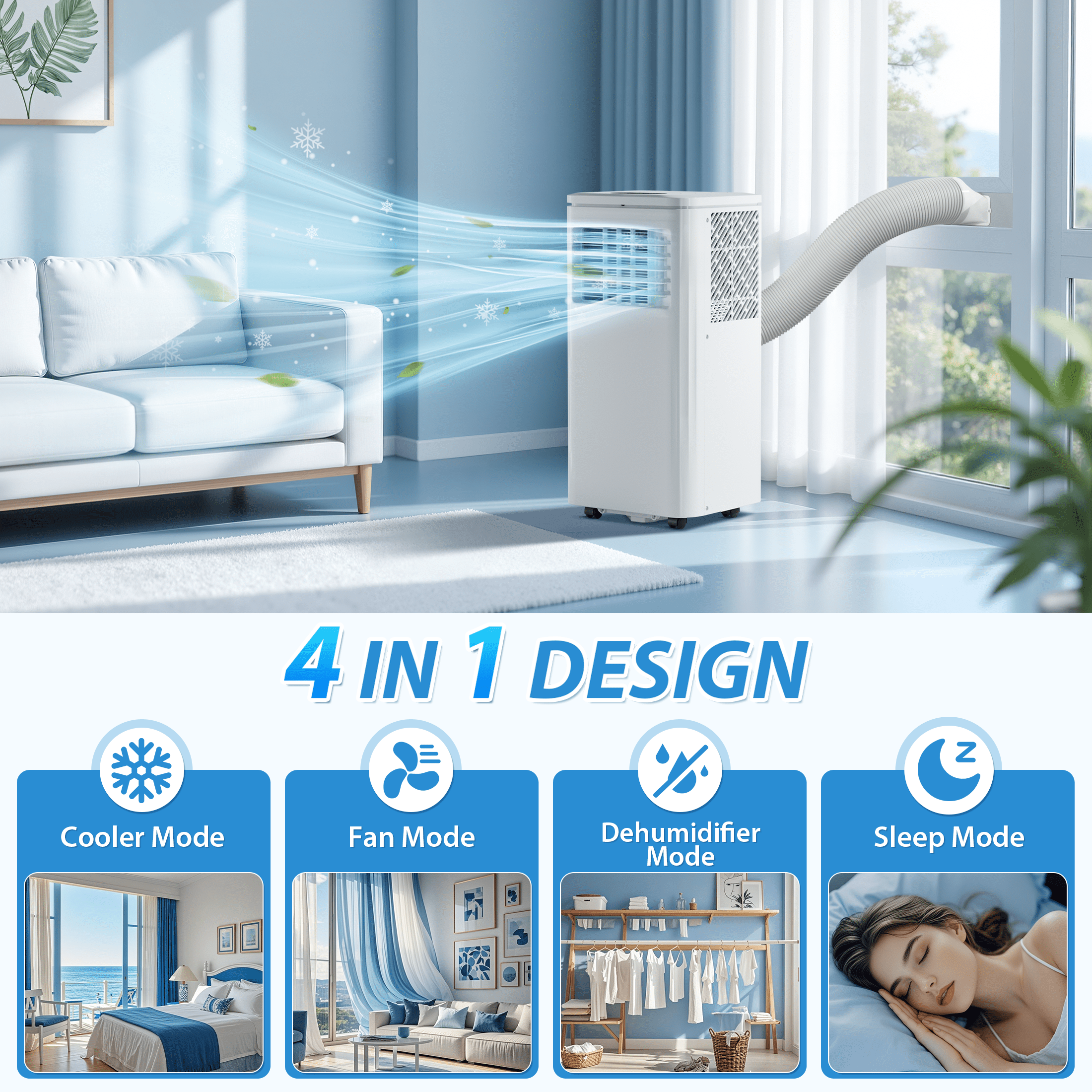 PRO CHOICE Portable Air Conditioner 10000 BTU(Ashrae) for Room Cooling up to 300 Sq.ft, 24H Timer Room AC w/Remote Control, White