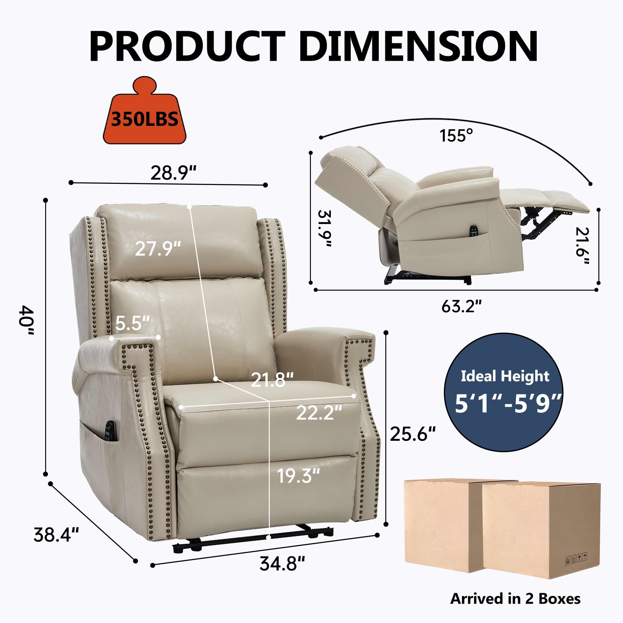 MAYEERTY Beige Faux Leather Manual Recliner Chair, 8 Nodes Massage Heat 155° 35"x38"x40" for Living Room