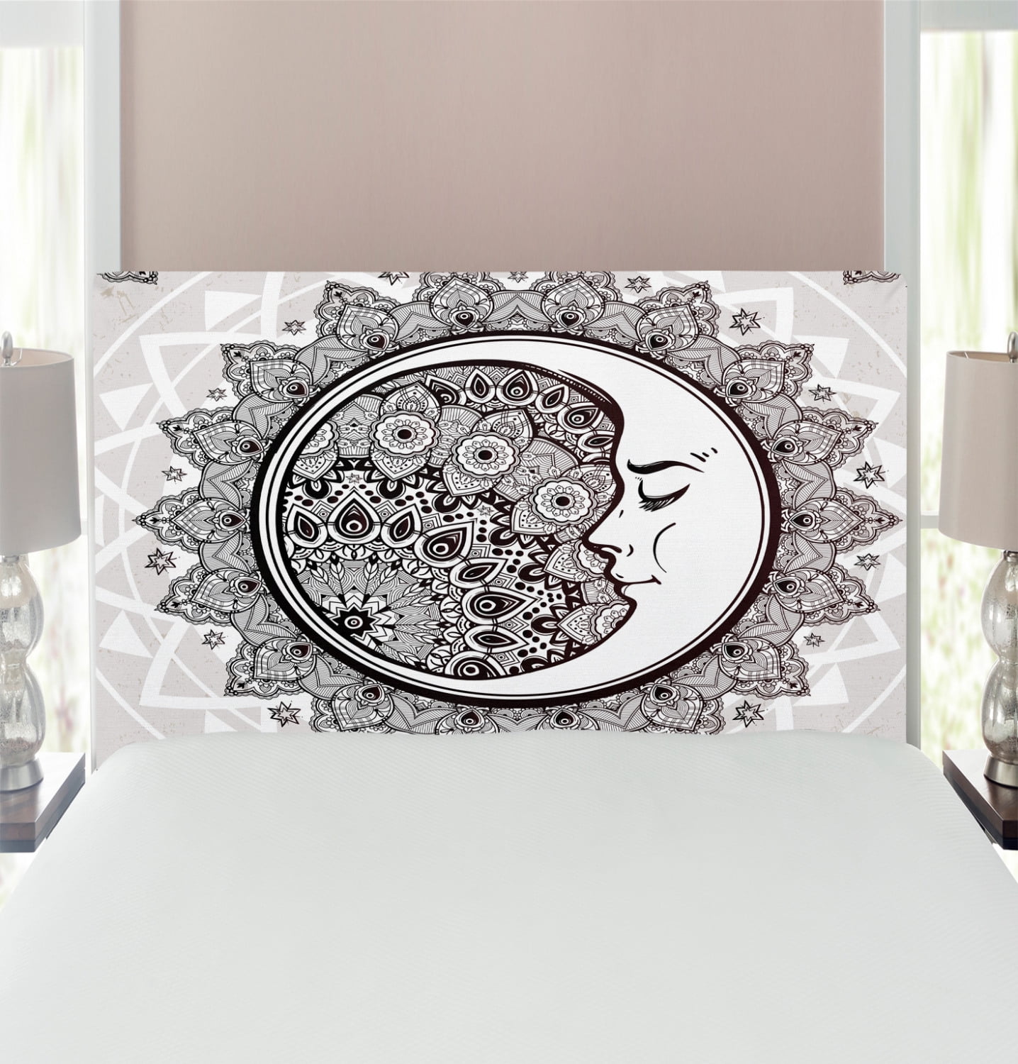 Mystic Headboard, Ornate Crescent Moon with Stars and Mandala Eastern Graphic, Upholstered