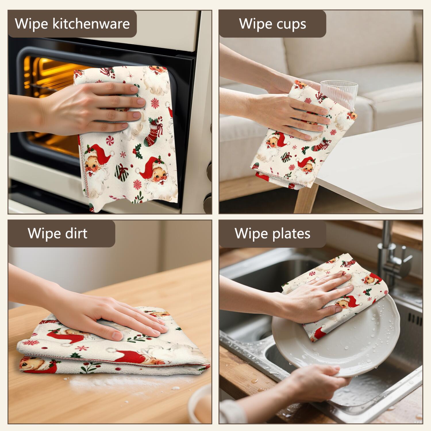 4 Pcs Funny Kitchen Towels,Beige Christmas Santa Pattern Microfiber Dish Towels,Kitchen Tea Towels,Kitchen Towel Set (18" X 26")