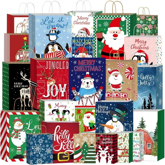 24 Pack Kraft Christmas Gift Paper Bags Bulk with Handles, Assorted Sizes Set for Xmas Party Supplies, Wrapping Christmas Holiday Presents(8 Jumbo,8 Large,8 Medium)