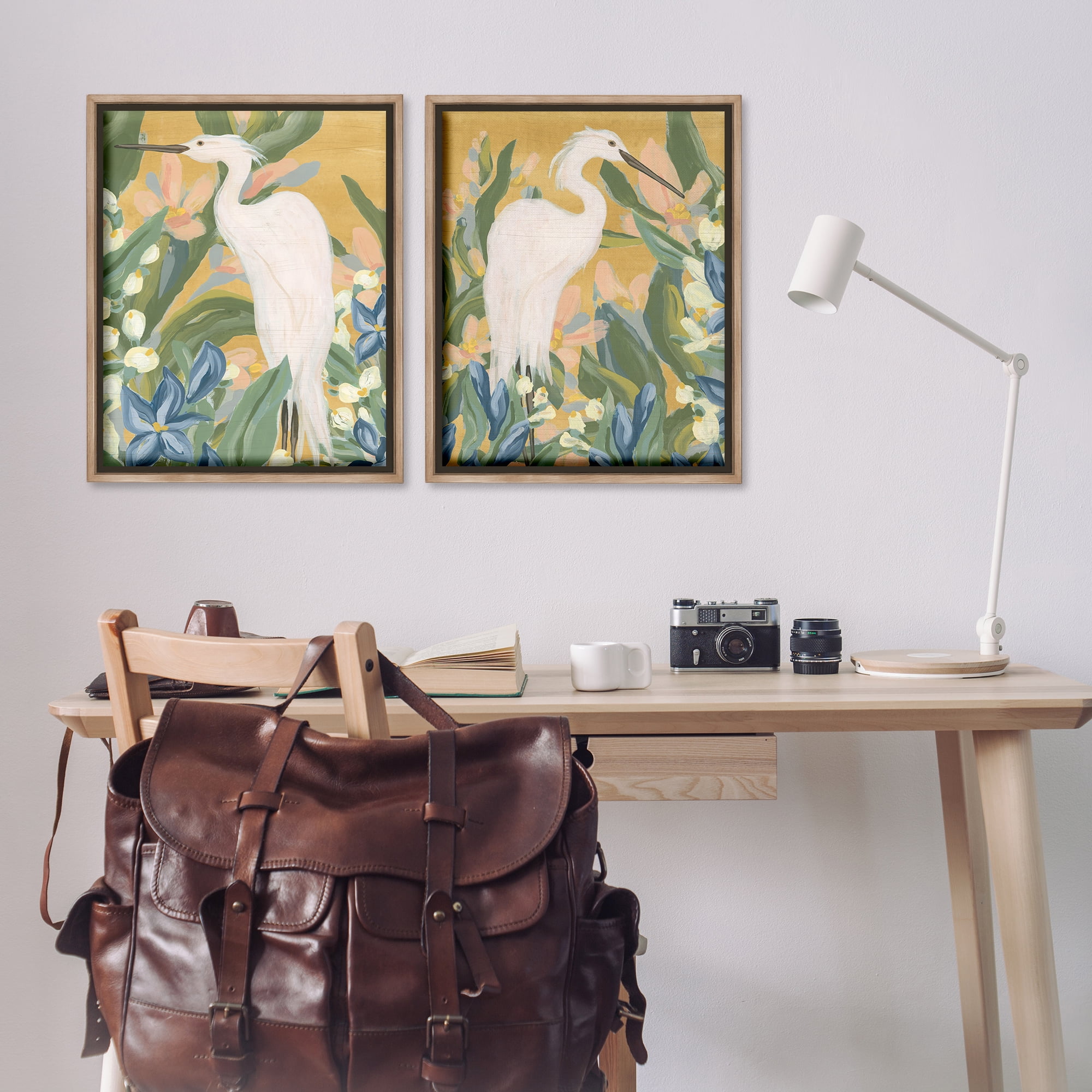 Stupell Industries Great Egret in Blooming Bushes Animals Painting Brown Floater Framed Canvas Art Print Wall Art, 31 x 25, Set of 2