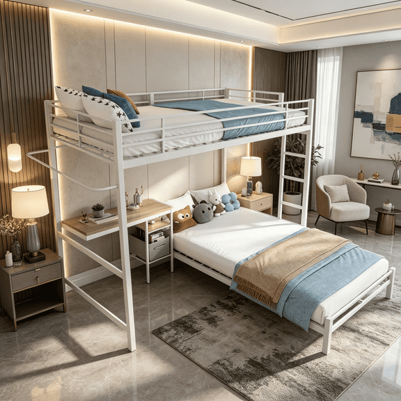 White Metal L-Shaped Bunk Bed with Desk and Storage, Twin Over Twin Loft Bed for Space Saving Bedroom Furniture