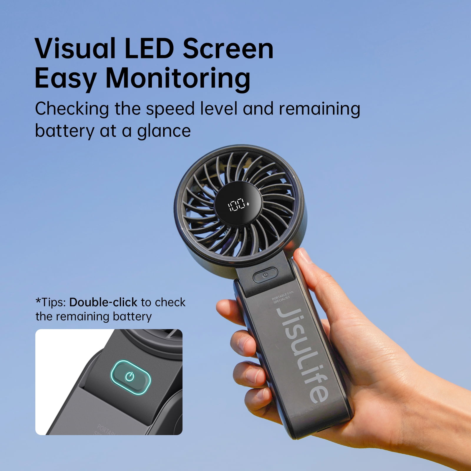 JISULIFE Portable Handheld Fan, 3600mAh Mini Desk Fan 13H Max Cooling Time, 5-Speed, LED Display, Neck Fan for Travel Concerts, Christmas Gifts for Women- Black