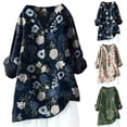 thumbnail image 3 of Summer Casual Blouse Linen T-Shirt, Flower Printed Loose Fit Lapel Neck Button Long Sleeve Casual Polyester Top 1pc , Green XL, Size S-5XL, 3 of 6