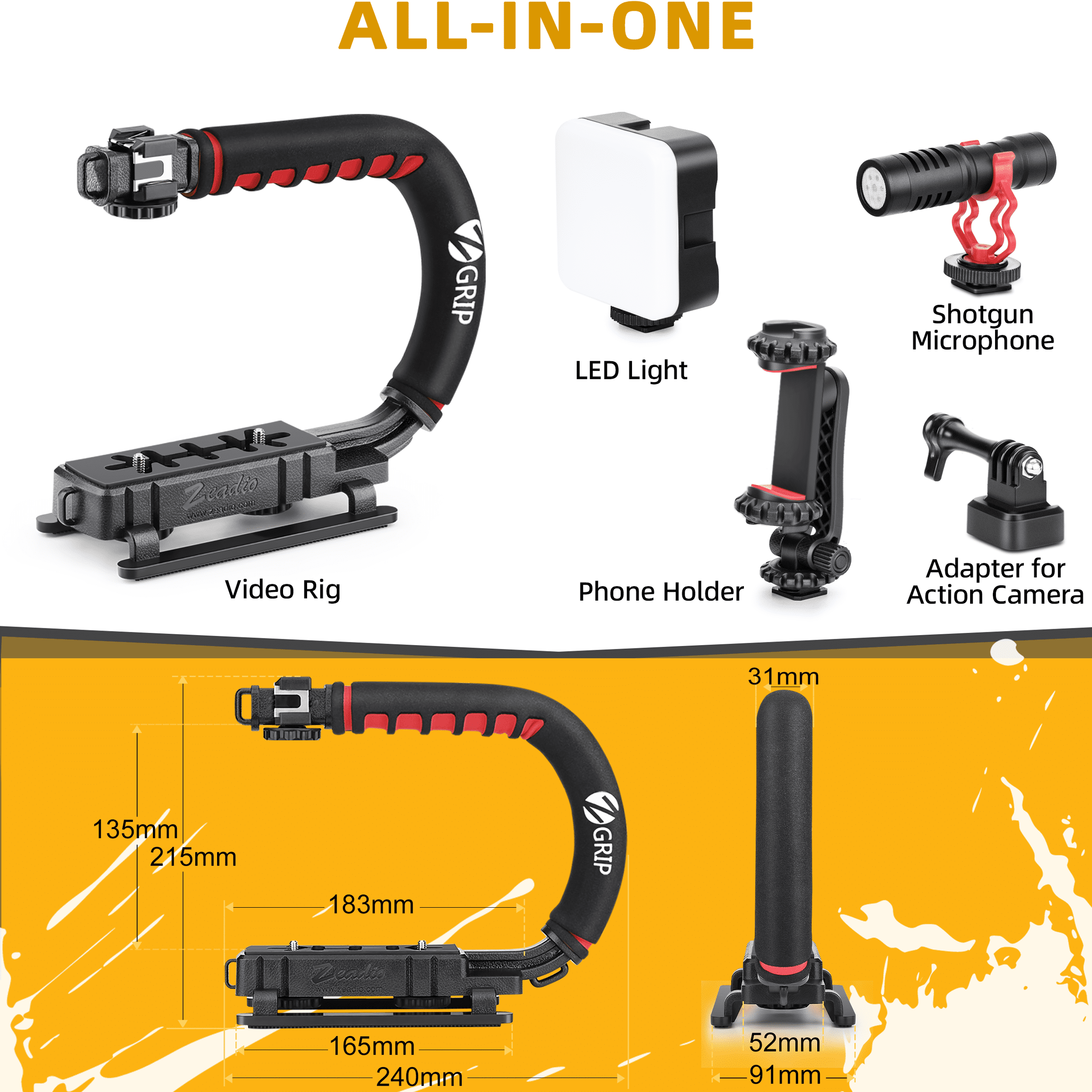 Zeadio Camera Stabilizer, Handheld Stabilizer with LED Video Light and Microphone, Fits for All Camcorder, Camera, DSLR, Action Camera and All Smartphones
