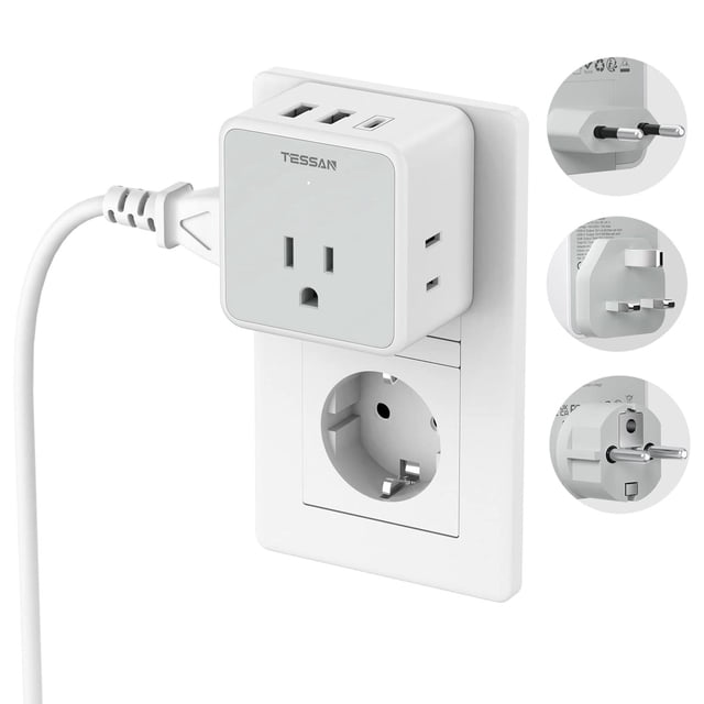 Adaptador de Viaje TESSAN Europeo Blanco con 3 Salidas CA y 3 Puertos USB para Europa
