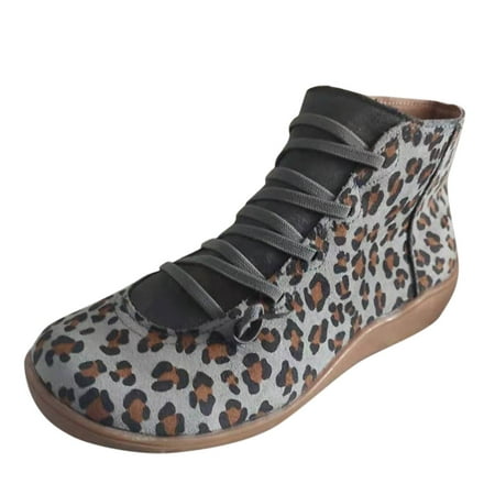 

Ykohkofe Women s Fashion Leopard Print Round Toe Lace-up Side Zipper Casual Flat Ankle Boots Grey 7.5