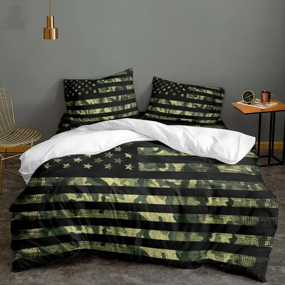 Independence Day 4 Pieces Duvet Cover Sets,Twin Camouflage Patriotic Flag Soft Bedding Comforter Covers Set with 2 Pillow Shams Lightweight Bedspread USA Stars Stripes for Boys/Kids/Teens/Adults