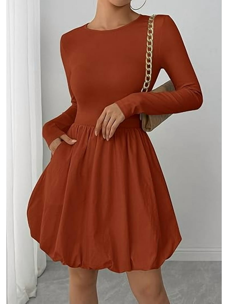 Prettygarden Fall Dresses for Women Casual Long Sleeve Bubble Cute Crew Neck A Line Mini Short Dress with Pockets, Women's, Size: 2XL, Red