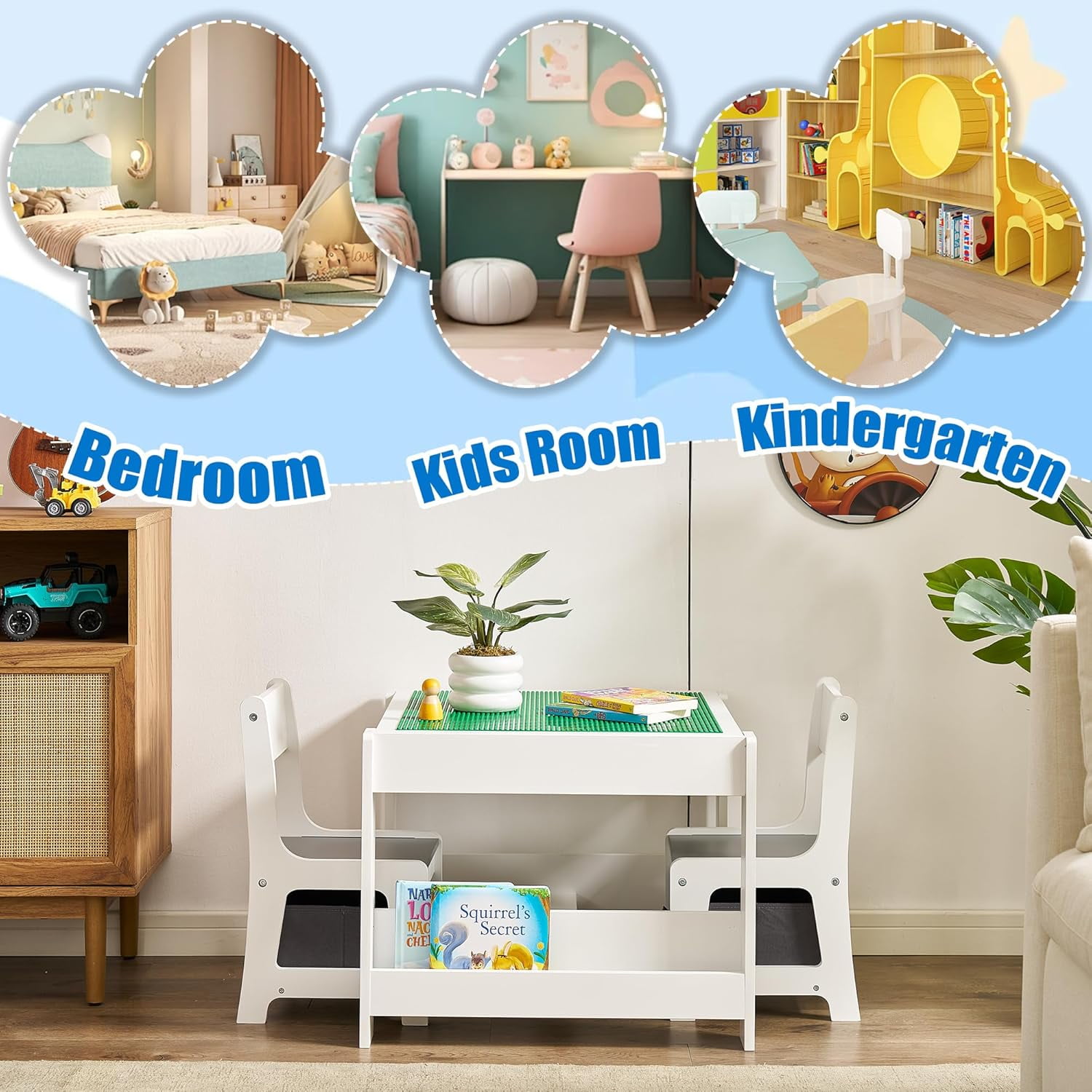 Kids Table and Chair Set, 4 in 1 Wooden Activity Table with Bookshelves and Storage Drawer, 2 in 1 Detachable Tabletop Construction Play Table Set for Toddlers Drawing, Reading