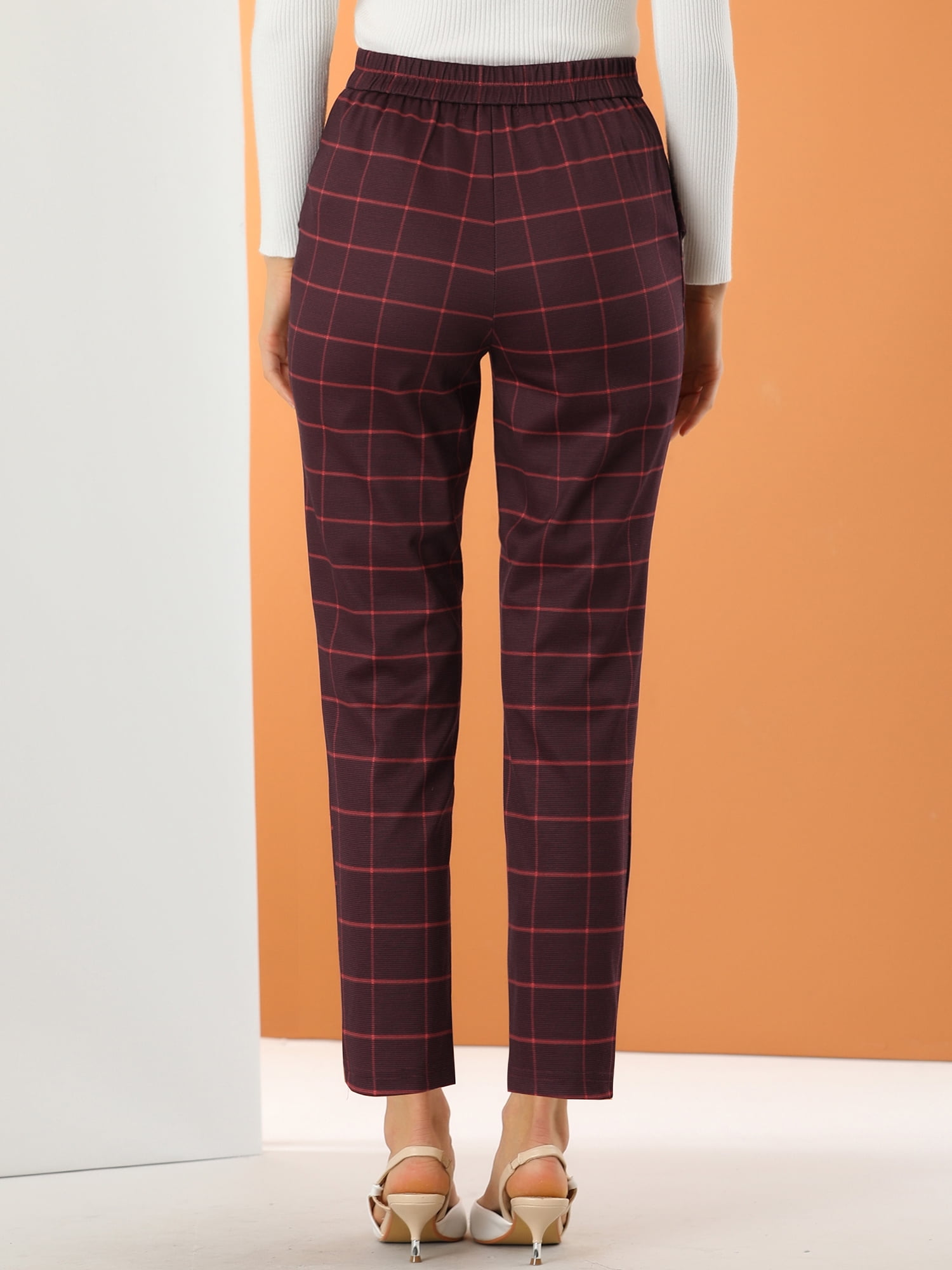 DARING DIVA Women's Tartan Plaid Pants Elastic Waist Straight Trousers 2XL Burgundy