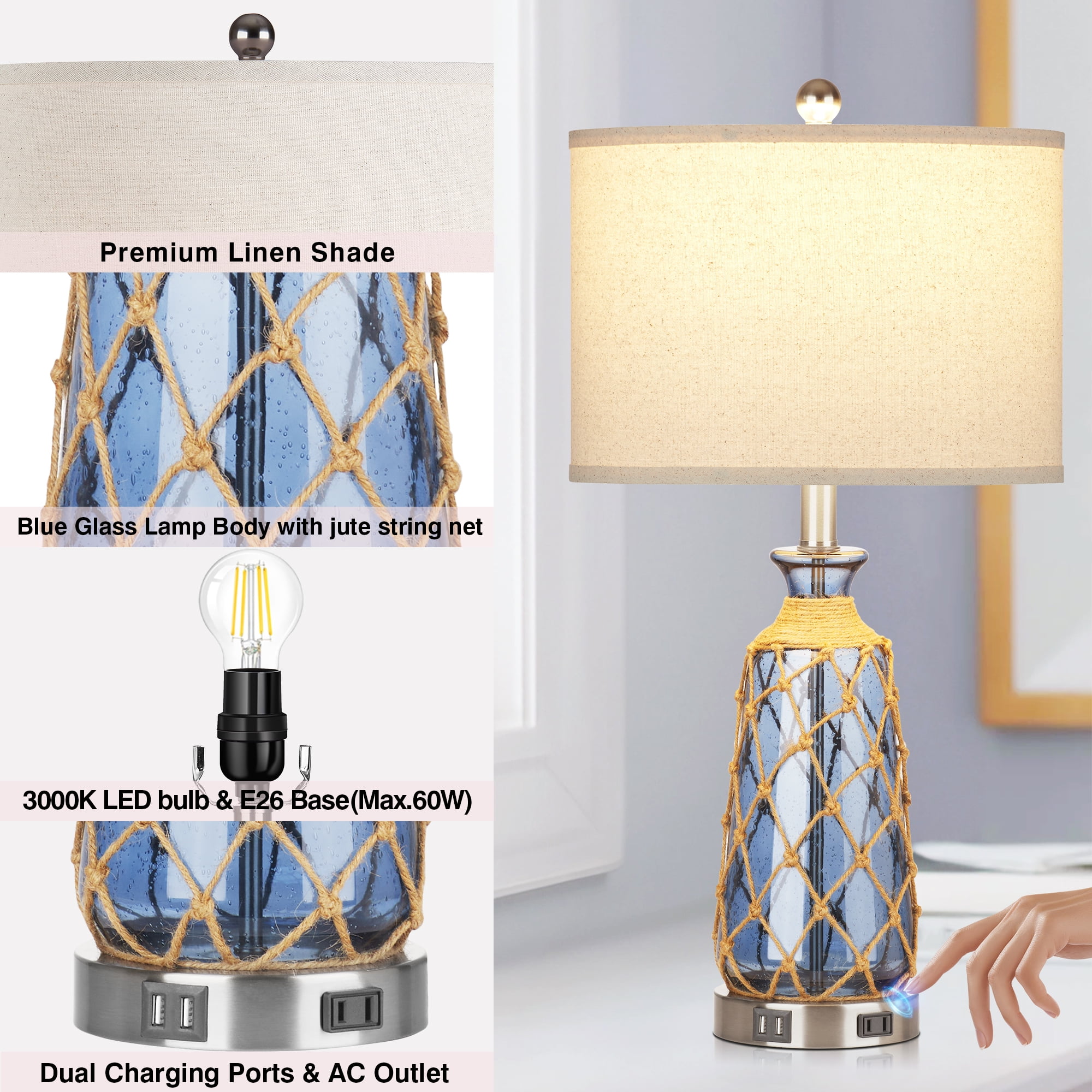 Cinkeda Modern Glass Rattan Table Lamp with USB Ports AC Outlet for Bedroom Living Room Nautical Blue 3 Way Dimmable Touch Control Single Bedside Nightstand Lamp