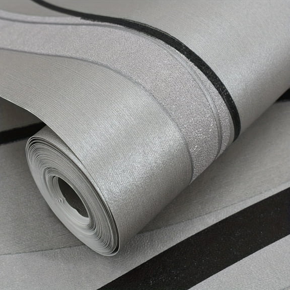 HimYKEA Black Gray 3D Stripe Wallpaper Roll - Non-Woven, No Glue Needed, High-Grade Vinyl Material, 1.73" Wide x 31.2' Long, Modern Curved Design for Stylish Home Decor