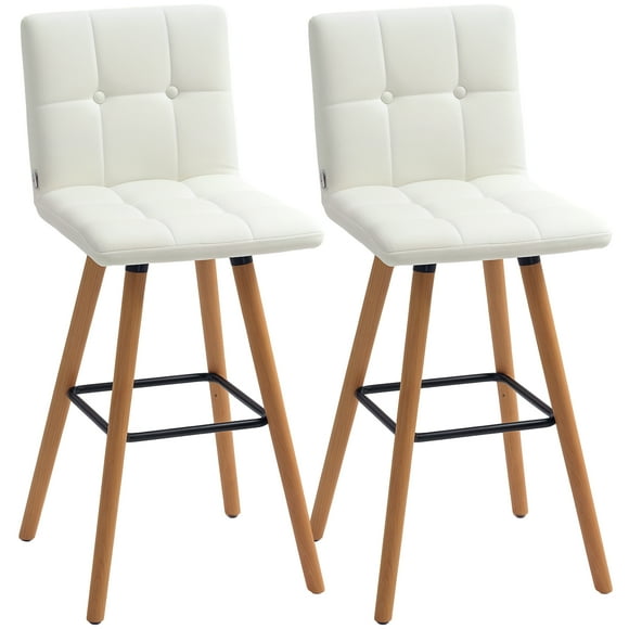 HOMCOM Bar Stool Set of 2 Upholstered Kitchen Stool w/ Wood Legs, White