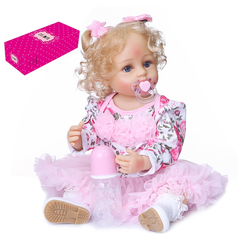 Decdeal Reborn Dolls 22 inch Silicone Full Body Realistic Lifelike Baby Real Touch Weighted Toddler Doll with Hand Rooted Curly Blond Hair Floral Tulle Dress Walmart