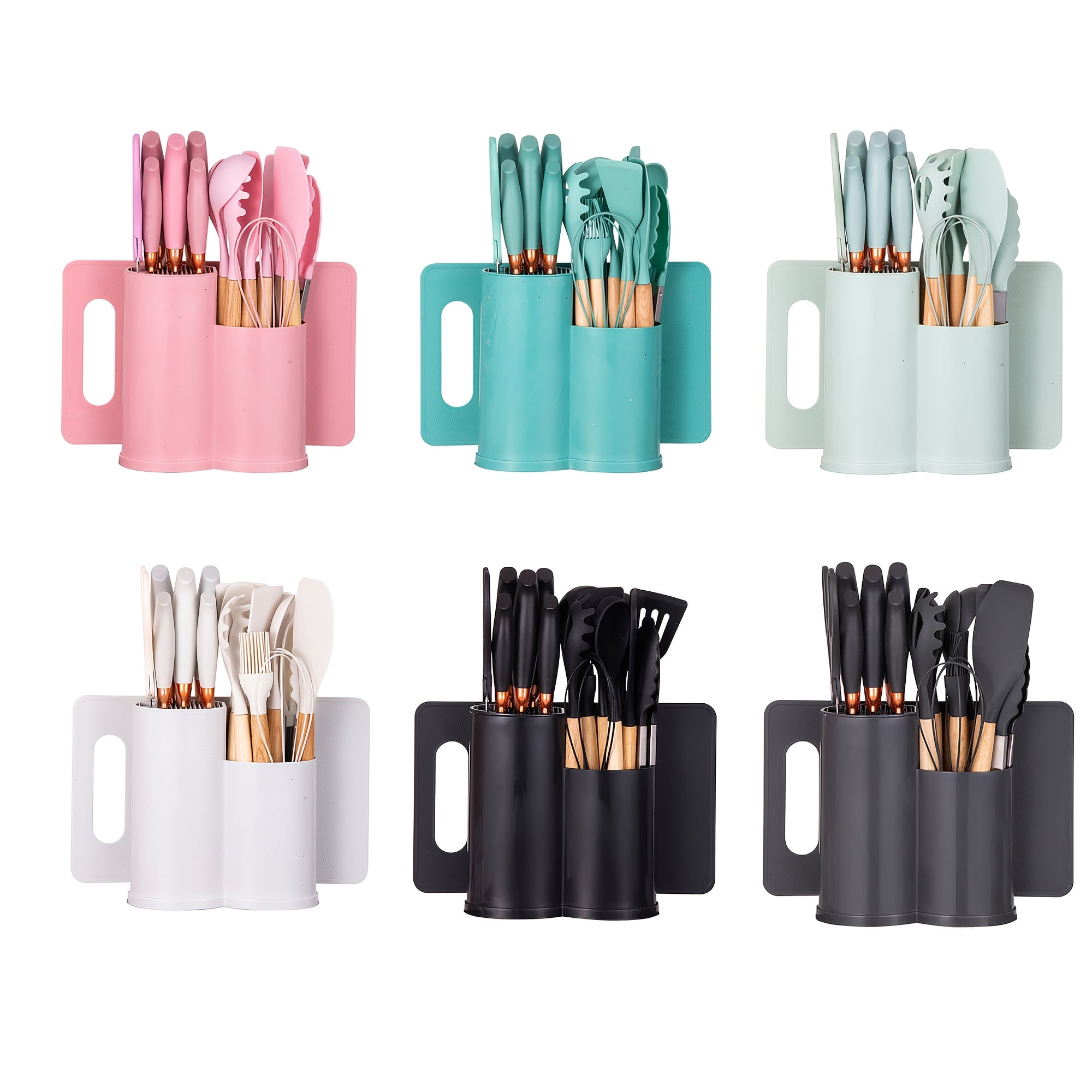 19pcs All-In-One Kitchen Knife & Utensil Set with Block | Silicone Cooking Tools & Stainless Steel Knives with Wooden Handles | Includes Cutting Board & Scissors | Ideal Housewarming & Dorm Gift