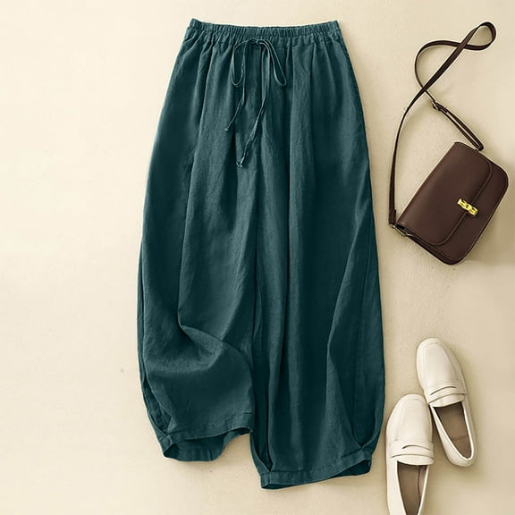 Karight Linen Pants for Women Cotton Baggy Boho Casual Palazzo Pants Wide Leg Long Lounge Trousers with Pockets Army Green