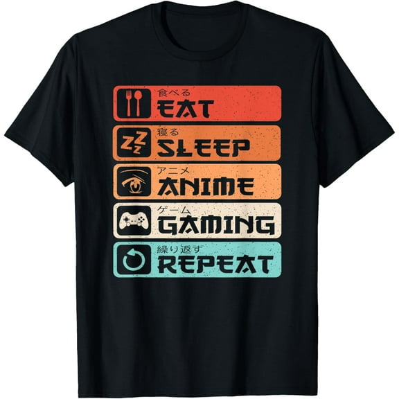 t-shirt Eat Sleep Anime Gaming Repeat Funny Video Gamer Gaming Retro T-Shirt mens，black，women，funny，journey，Crew Neck, Short Sleeve,custom clothing patterns.