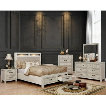 Transitional Antique White Solid Wood Queen Bedroom Set 6pcs FOA CM7365WH Tywyn