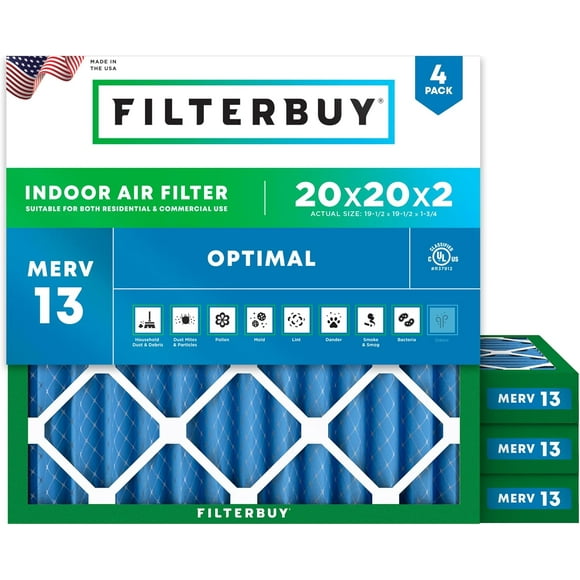 Filterbuy 20x20x2 MERV 13 (MPR 1900) Health Defense, Pleated HVAC AC Furnace Air Filters (4-Pack)