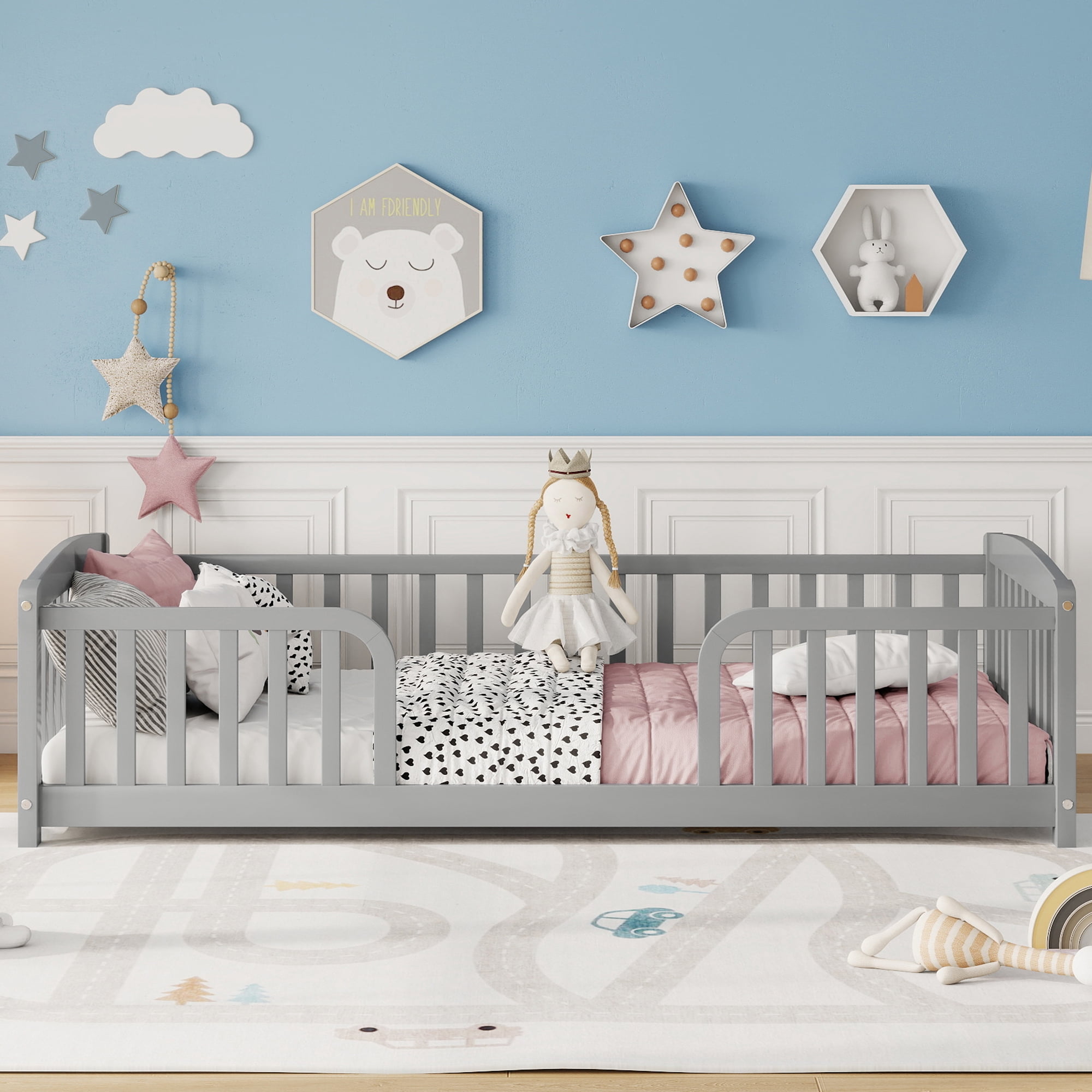 Alvantor Twin Size Floor Bed with Entrance and Guardrails – Low Montessori Wood Bed Frame for Toddlers, Grey