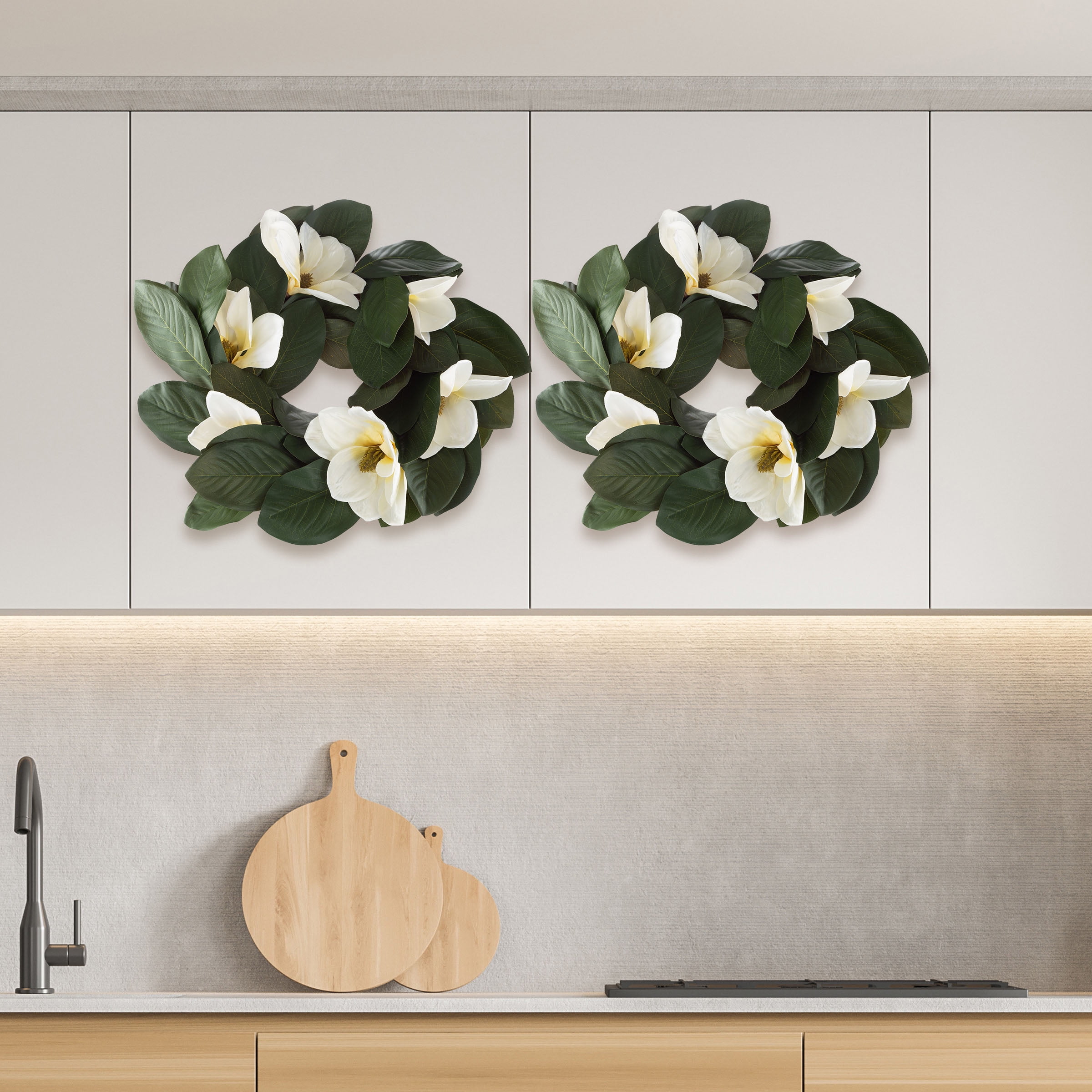 Pure Garden Set of Two 24-Inch Artificial Magnolia Wreaths for Home Decor