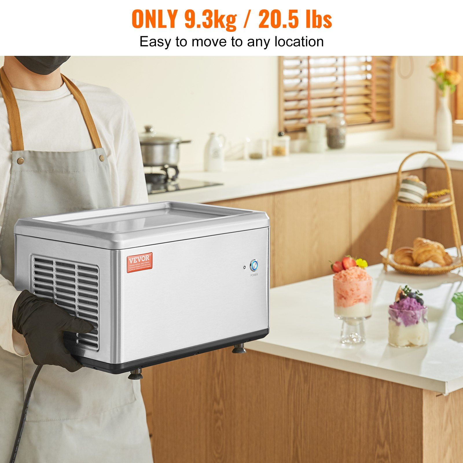 HCY Fried Ice Cream Roll Machine, 19.3" x 14.9" Stir-Fried Ice Cream Pan, Stainless Steel Rolled Ice Cream Maker with Compressor and 2 Scrapers, for Making Ice Cream, Frozen Yogurt, Ice Cream Rolls