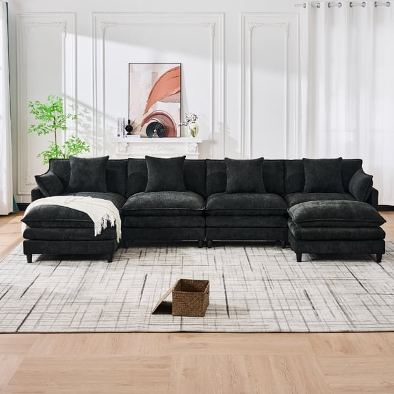 140.9" U-shaped Sectional Sofa Couch wirh 2 Movable Ottomans, Comfy Chenille Modular Sofa Couches with 4 Cushions and 2 Throw Pillows for Living Room, Apartment, Black