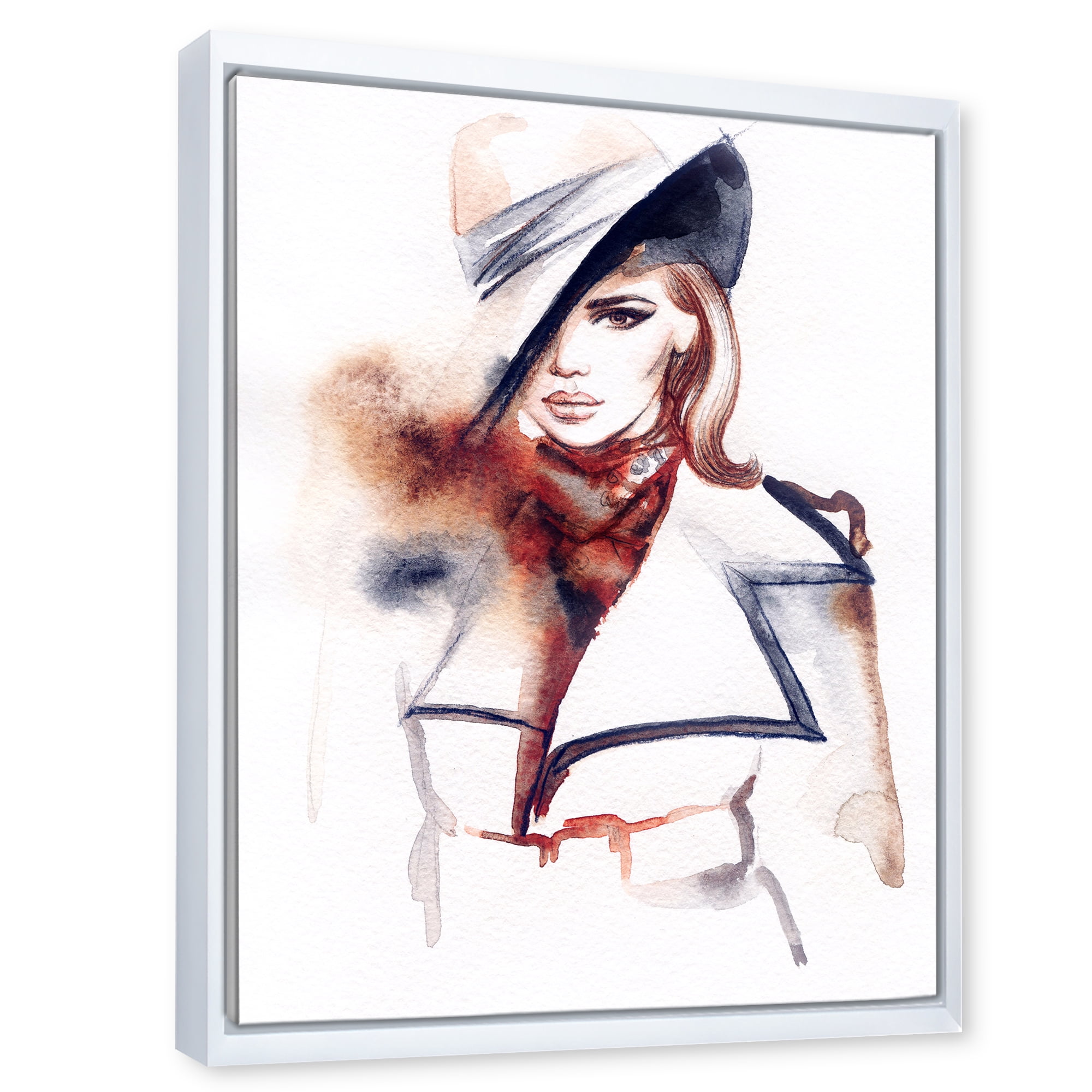 Designart 'Fashion Portrait of Woman Wearing Hat' Modern Framed Canvas Wall Art Print