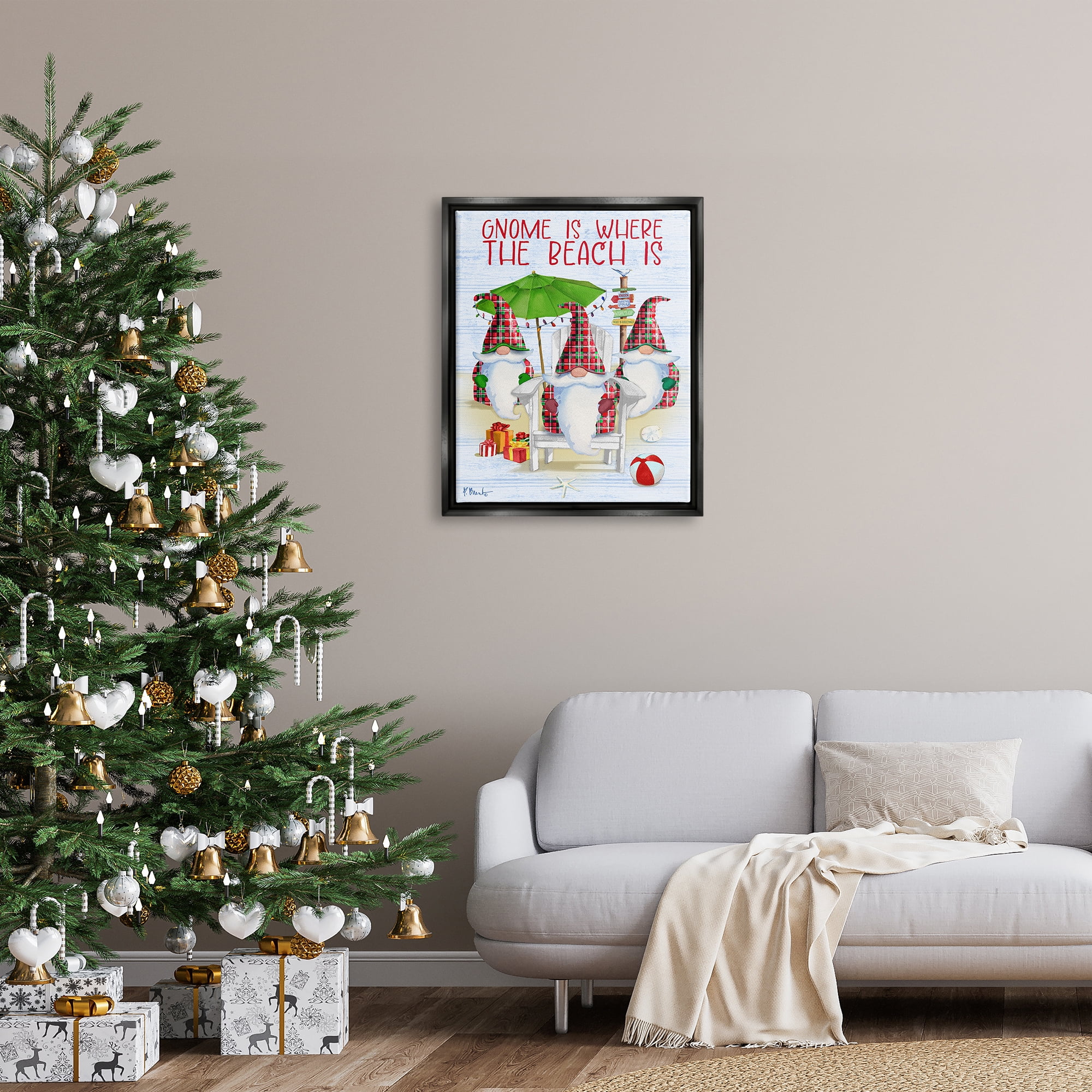 Stupell Industries Tropical Christmas Gnomes Holiday Painting Black Floater Framed Art Print Wall Art, 25 x 31