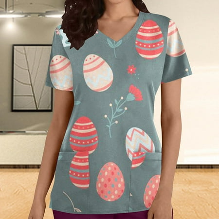 

LSLJS Scrubs Top for Women Easter Egg Bunny Print Working Uniform Short Sleeve V Neck Workwear Blouse T-shirt with Pockets on Clearance