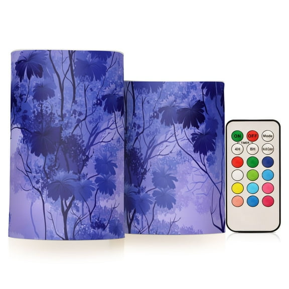 Shades Of Purple Woods Watercolor Flickering Flameless Candles Battery Operated with Remote Timer LED Pillar Candles Set of 2