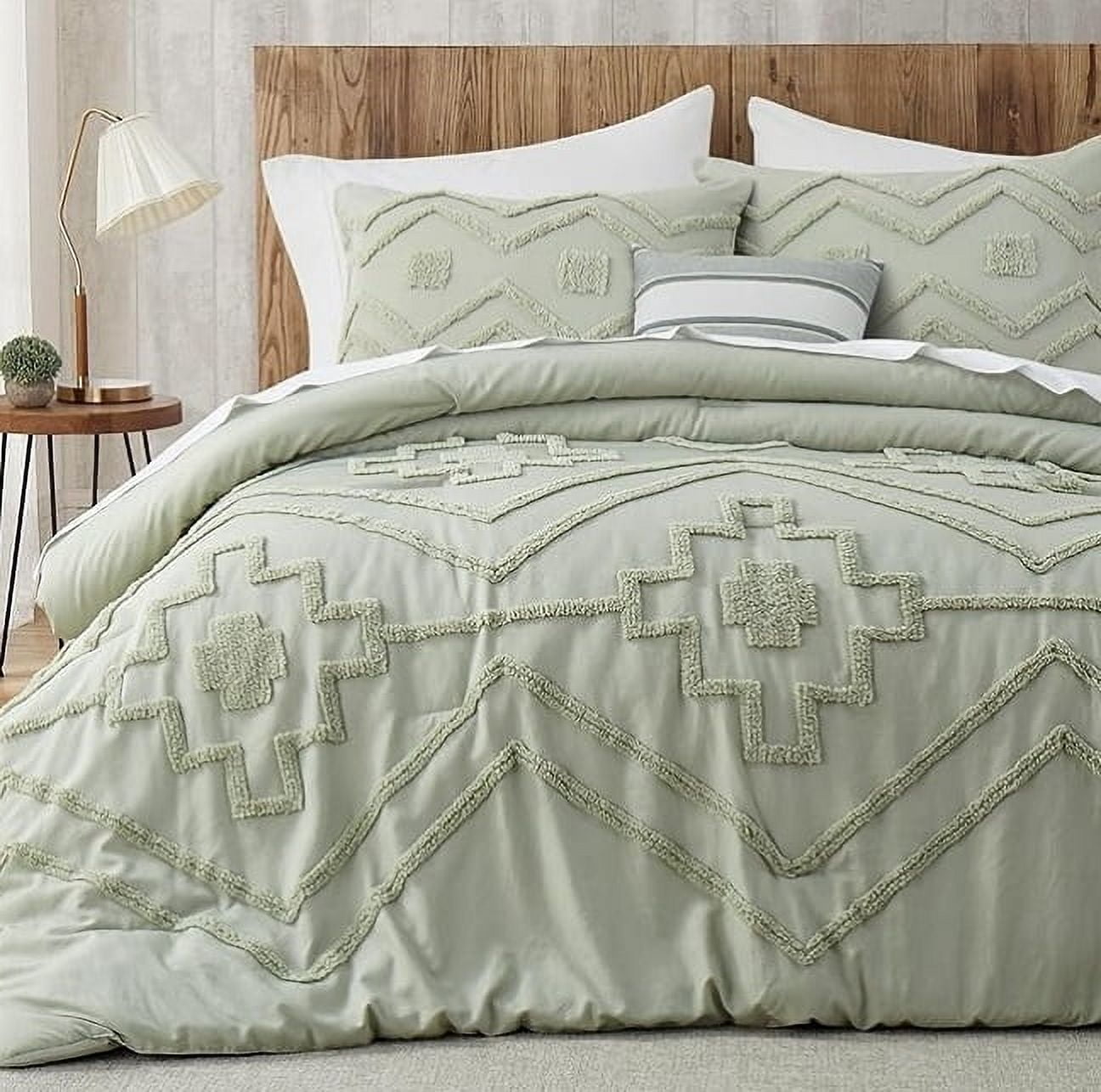 Pooja Handicrafts Boho Style 3-Piece Green Tufted Cotton Duvet Cover Set, 120"x120"