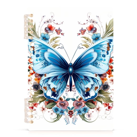 Floral on A Blue Butterfly Spiral Journal Notebook College Ruled Notebook 8.3" x 5.7" A5 Lined Thick Paper Page