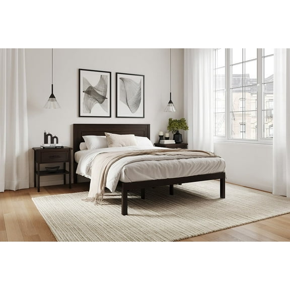 Solid Wood Queen Bed Frame with Headboard – Sturdy, No Box Spring Needed, Non-Slip Slats, Noise-Free, Underbed Storage, Easy Assembly