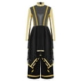 thumbnail image 3 of inlzdz Kids Girls Lyrical Praise Dance Outfit Long Sleeve Irregular Hem Worship Gold Trim Dress with Wide Leg Pants Black 6, 3 of 5