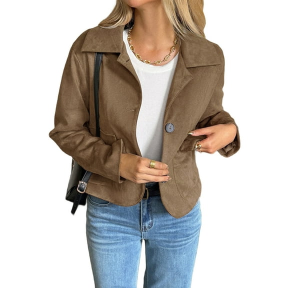Women'S Casual Blazer Jacket Notched Lapel Single Breasted Faux Suede Leather Suit Jacket Brown M