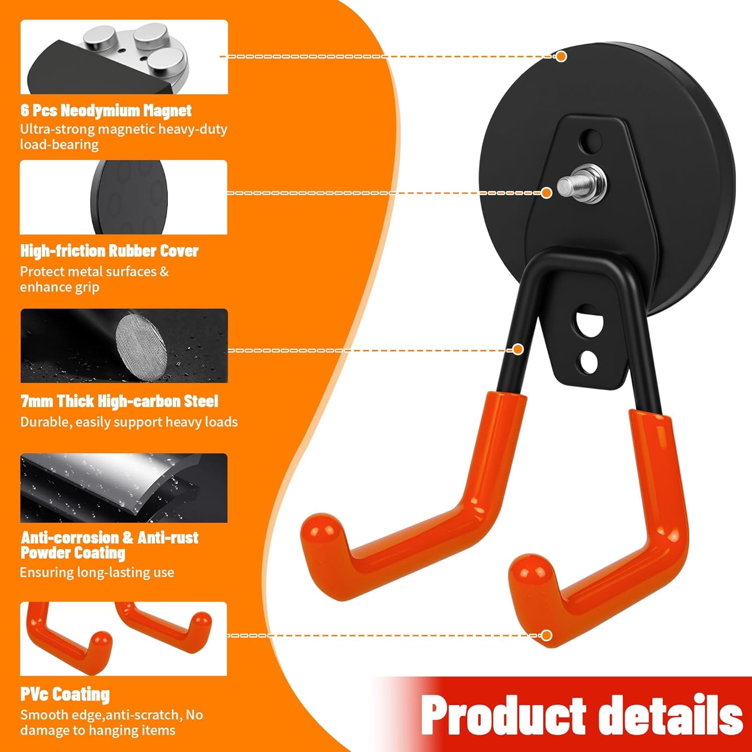 FEFEFW-4 Pack Heavy Duty Magnetic Garage Hooks,No Drill Installation and Rubber Coating for Scratch-Free Use,Space Saving Large Utility Hooks for Kitchen,Tools,Pegboard,Workshop (Red 2pcs+Black 2pcs)
