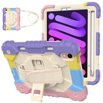 Allytech Kids Case for iPad Mini 6th Gen 2021 Cover with Pencil Holder/ Shoulder Strap, 360°Rotating Kickstand Hand Strap Rugged PC   TPU Shockproof Case for iPad Mini 8.3" 2021, Colorful Pink