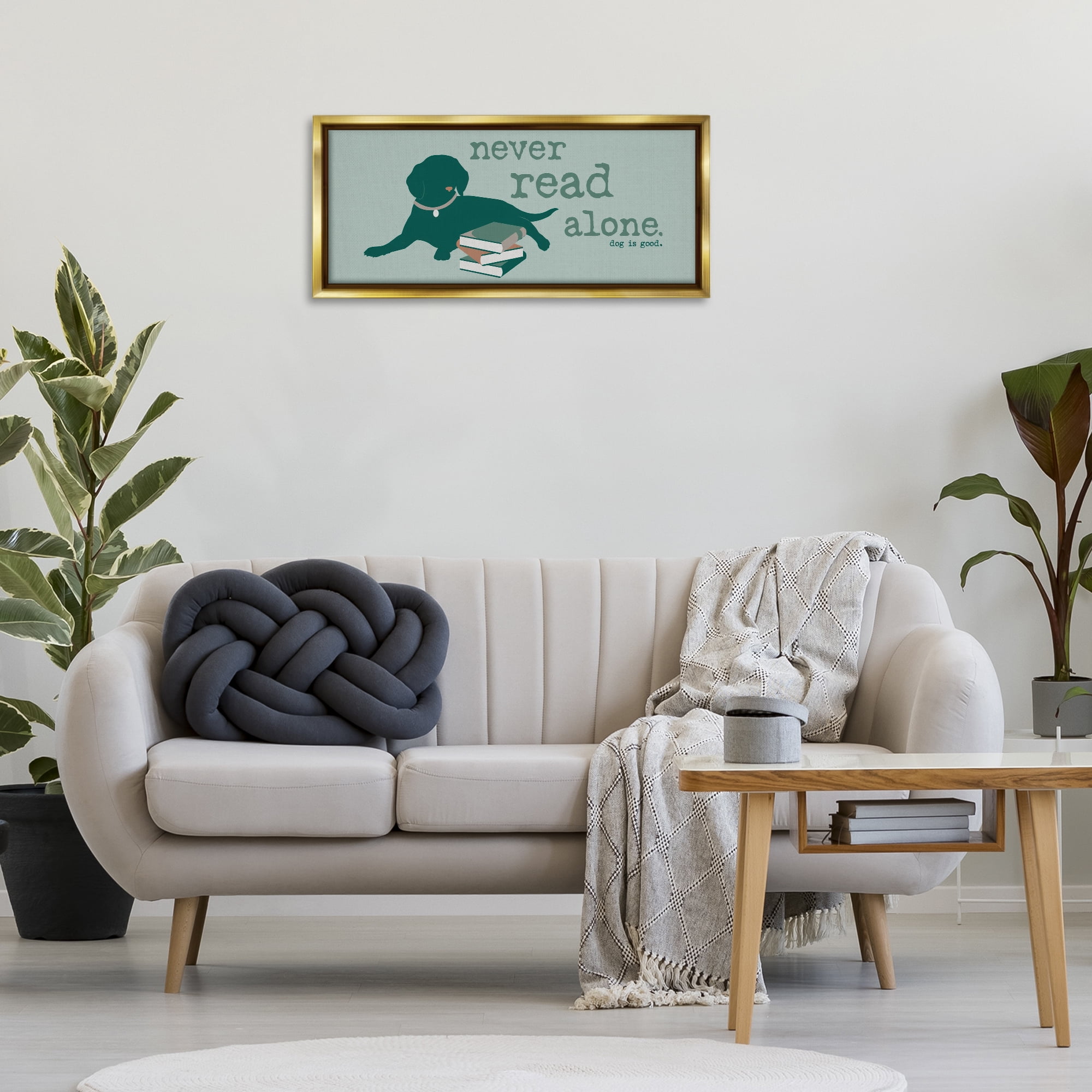 Stupell Industries Never Read Alone Dog Animals Painting Gold Floater Framed Canvas Art Print Wall Art, 31 x 14